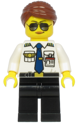 LEGO Minifigure cty1189 female pilot with reddish brown hair, sunglasses, white shirt, dark blue tie, pilot wings, ID badge, and black legs.