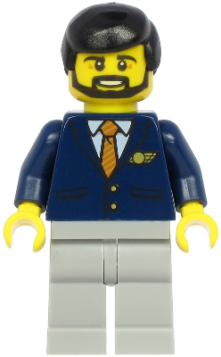 LEGO Minifigure cty1190, male steward, black hair, dark blue suit with orange striped tie, light bluish gray legs.