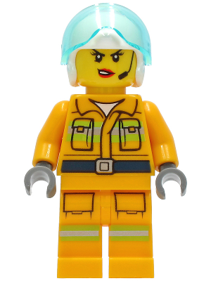A LEGO Minifigure cty1282 - Fire - Reflective Stripes, Bright Light Orange Suit, White Helmet, Headset.