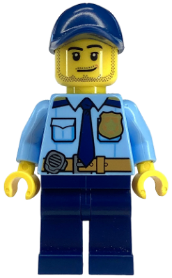 LEGO Minifigure cty1334 Police: blue cap, stubble, blue shirt, dark blue tie, gold badge, tan belt with radio, dark blue legs.