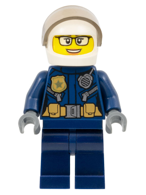LEGO cty1363 Police Minifigure: Female with blue uniform, gold badge, utility belt, white helmet, glasses, and smile.