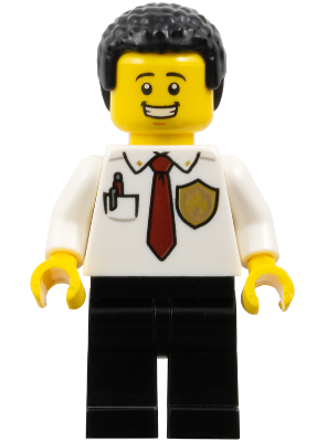 LEGO Minifigure cty1372 Finn, a male figure with black curly hair, white shirt, red tie, pocket with pen, gold badge, and black pants.