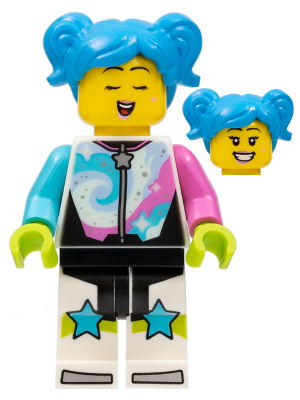 LEGO Minifigure Poppy Starr (cty1489) with blue pigtails, colorful jacket, star pants, and two expressive faces.