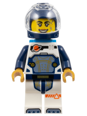 LEGO cty1692 female astronaut minifigure: white suit, dark blue arms, helmet, trans-clear visor, dark azure jet pack.