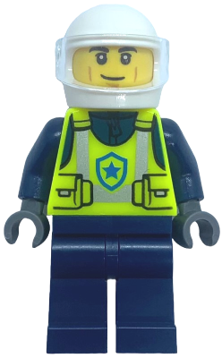 LEGO Minifigure of a male city police officer in a white helmet with clear visor, neon yellow safety vest, and dark blue legs.