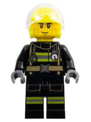 LEGO cty1739 Fire Minifigure, male helicopter pilot in black jacket and pants with reflective stripes, and neon yellow helmet with visor.