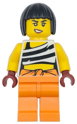 LEGO minifigure cty1744 female bandit with black bob hair, winking face, white striped crop top, orange legs, and dark brown hands.