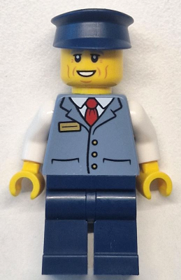 LEGO Minifigure cty1769, male bus driver with sand blue vest, white shirt, red tie, dark blue legs and hat, smiling face.