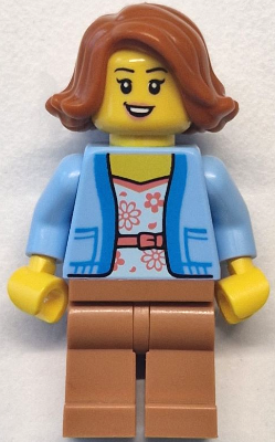 LEGO Minifigure cty1770 female bus passenger with dark orange hair, blue jacket, floral shirt, nougat legs.