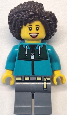 LEGO Minifigure cty1771 female bus passenger, dark turquoise jacket with dark green panel, dark bluish gray legs, dark brown hair.