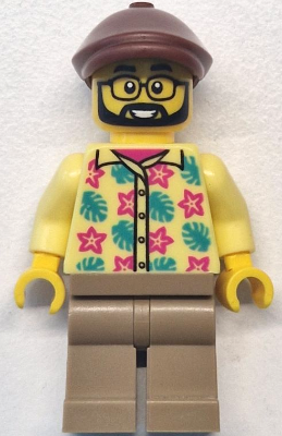 LEGO Minifigure cty1772 - Bus Passenger - Male, with reddish-brown flat cap, glasses, beard, floral shirt, and dark tan legs.