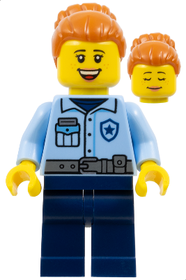 LEGO Minifigure cty1861, female city police officer in bright light blue uniform, dark blue legs, dark orange bun hair, and freckles. Second head shown.