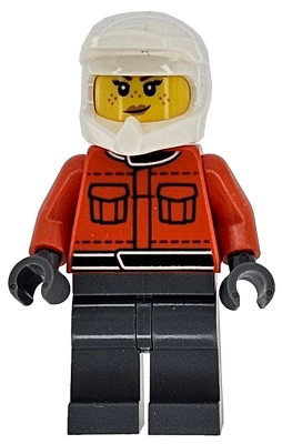 LEGO Minifigure cty1864: Female pit crew member with white helmet, reddish orange suit, dark bluish gray legs, freckles.