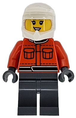 LEGO Minifigure cty1865, female, with a white dirt bike helmet, reddish orange racing suit with pockets, and dark bluish gray legs.