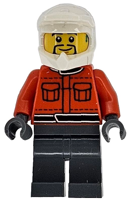 LEGO Minifigure cty1866: male pit crew member in reddish-orange racing suit with pockets, dark bluish-gray legs, white helmet, goatee.