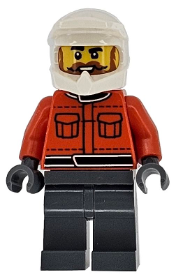 LEGO Minifigure cty1867 with white dirt bike helmet, reddish orange suit with pockets, dark bluish gray legs, beard, and moustache.