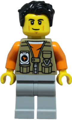 LEGO Minifigure cty1876, male adventurer with black hair, dark tan vest over orange shirt, light bluish gray legs.