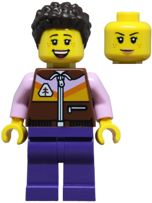 LEGO Minifigure cty1879 Mom with dark brown curly hair, dual-sided yellow head, reddish brown jacket with pink/orange details, dark purple legs.