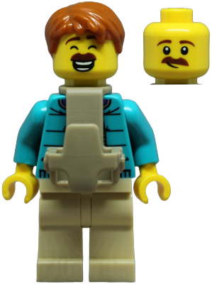 LEGO Minifigure cty1880 Dad: dark orange hair, dark turquoise jacket over dark purple shirt, tan legs, tan baby carrier. Alt head visible.