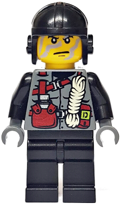 LEGO Minifigure din010 Shadow with black helmet, scowling face, grey torso with red gear and rope, black legs.