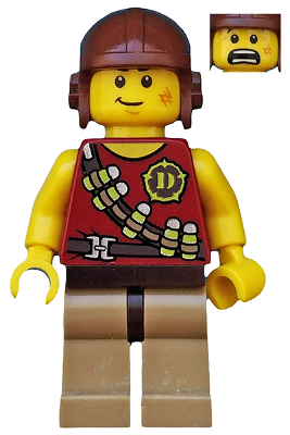 LEGO Minifigure dino001 Hero with brown helmet, yellow head with smiling and scared faces, red torso with tranquilizer belt, and tan legs.