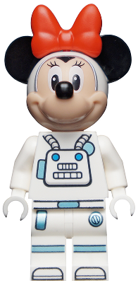LEGO dis048 Minnie Mouse minifigure in a white spacesuit with light blue robot design on torso and logo on leg, red bow.