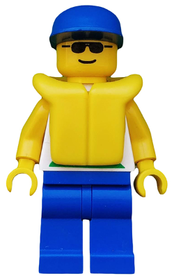 LEGO minifigure wearing a blue cap, sunglasses, yellow life jacket over a white shirt, and blue pants.