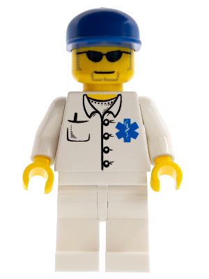 LEGO Minifigure wearing a blue cap, sunglasses, goatee, white doctor's coat with Star of Life, and white legs.