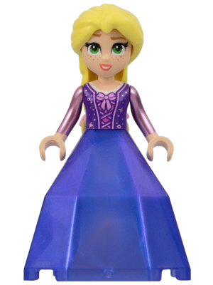 A LEGO Rapunzel mini-doll with blonde hair, green eyes, freckles, a purple top, and a shimmering purple diamond dress.