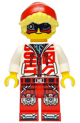 LEGO Minifigure Cooper (drm069) with red beanie, blonde hair, black visor, white hoodie, and red patterned legs.