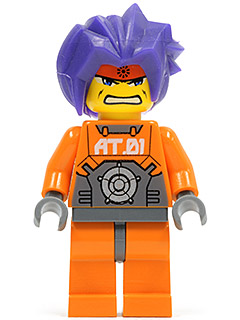LEGO minifigure exf007 Ryo with spiky purple hair, angry face, orange jumpsuit with 'AT.01' and gear design.