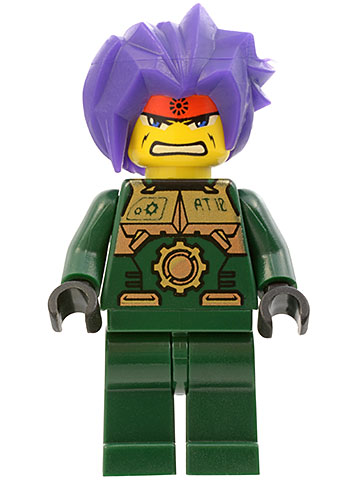 LEGO Minifigure Ryo with spiky purple hair, angry yellow face with red headband, dark green torso with gold armor, and dark green legs.