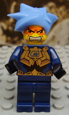 LEGO Minifigure exf016 Hikaru with spiky light blue hair, angry orange face, dark blue torso with gold armor, and dark blue legs.