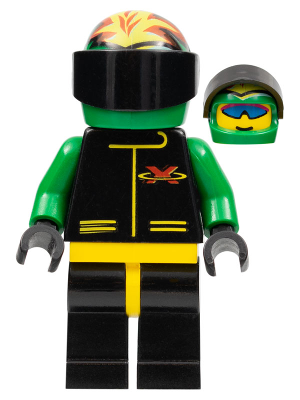LEGO Minifigure ext018, Extreme Team: green torso, black legs, yellow hips, black vest with X logo, green flame helmet, black visor.