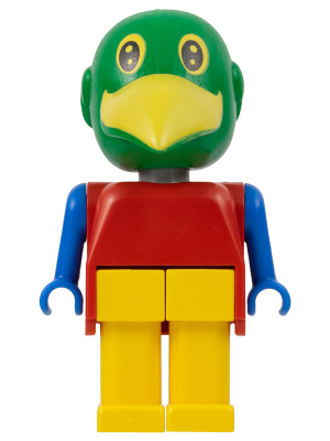 LEGO Fabuland Paul Parrot minifigure with a green bird head, yellow beak, red torso, blue arms, and yellow legs.