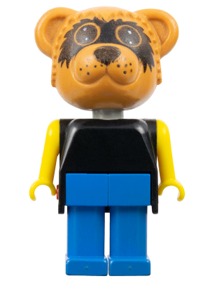 LEGO Fabuland Bear - Ricky Raccoon minifigure with tan head, black mask print, black top, yellow arms, and blue legs.