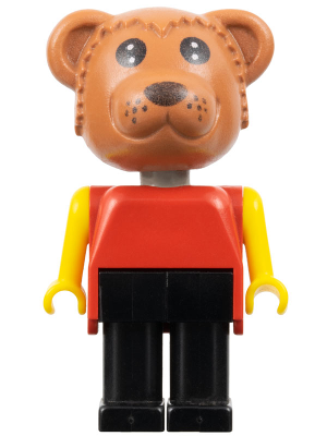 LEGO Fabuland Bruno Bear minifigure with brown head, black legs, red top, and yellow arms.