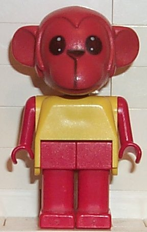 LEGO Fabuland Mike Monkey minifigure (fab8g) with a red monkey head, red arms and legs, and a yellow top.