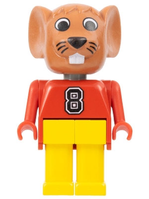 LEGO Fabuland Maximillian Mouse minifigure with brown head, red top with number 8, and yellow legs.