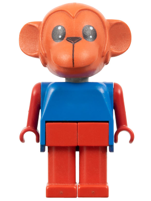LEGO Fabuland Mark Monkey minifigure with orange head, red arms and legs, and blue torso.