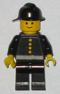 LEGO Minifigure fire005s firefighter with black helmet, black uniform featuring 4 yellow buttons, black legs, and yellow hands.