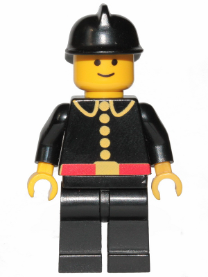 LEGO Minifigure firec004, Classic Fireman, with black fire helmet, yellow head, black uniform with gold buttons and red belt.