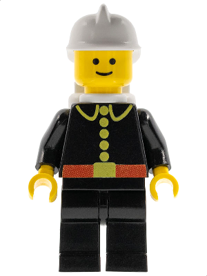 LEGO Minifigure firec018, a classic fireman with a white helmet, black uniform with yellow details, and white air tanks.