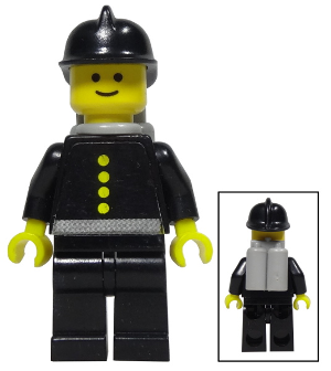 LEGO Minifigure firec019s: black helmet, yellow smiling head, black uniform with 4 yellow buttons, light gray belt, air tanks.