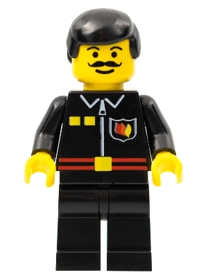 LEGO Minifigure firec023: black uniform, white zipper, yellow buttons, flame badge, red belt, black legs, yellow hands, black hair, mustache.