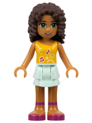 LEGO Friends Andrea minifigure with dark curly hair, light aqua layered skirt, and bright light orange top with music notes.