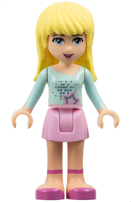 LEGO Friends Stephanie minifigure with blonde hair, light aqua top with star print, and bright pink skirt.
