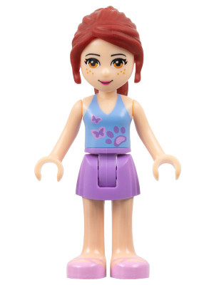 LEGO Friends Mia minifigure, red hair, medium blue top with two butterflies & paw print, medium lavender skirt, pink shoes.