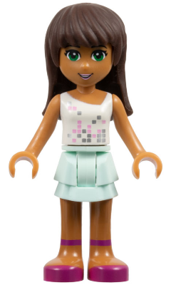LEGO Friends frnd012 Sarah minifigure with brown skin, dark hair, white top, light aqua layered skirt, and purple shoes.