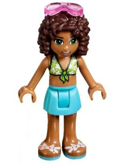 LEGO Friends Andrea minifigure with brown curly hair, pink sunglasses, lime floral swimsuit top, medium azure skirt, and sandals.
